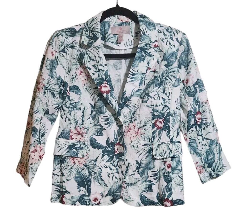 Laurie Felt Women's Size 2 Jacket/Blazer Linen Blend White Green Tropical Cruise